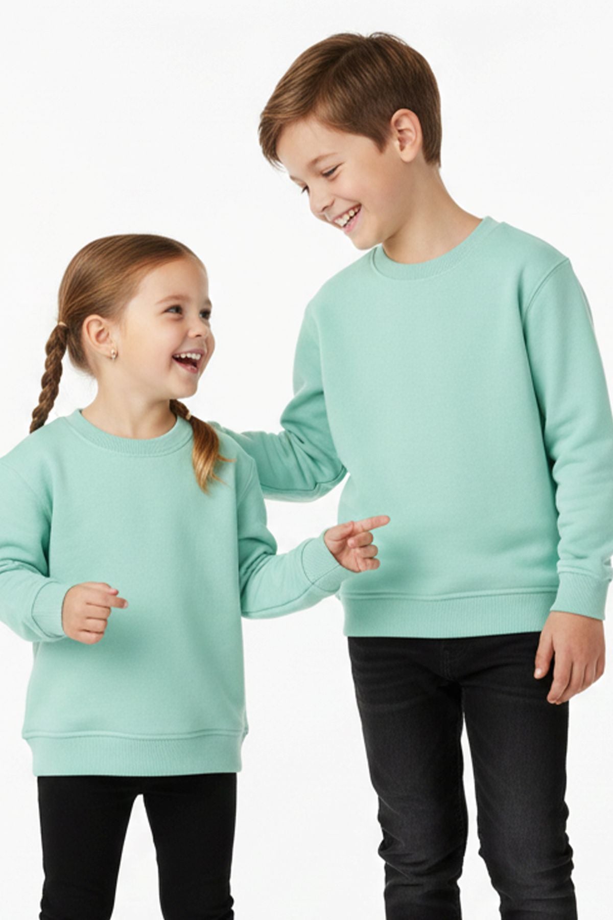 2'Li Basic Şardonlu Çocuk Sweatshirt Su Yeşili - Pudra