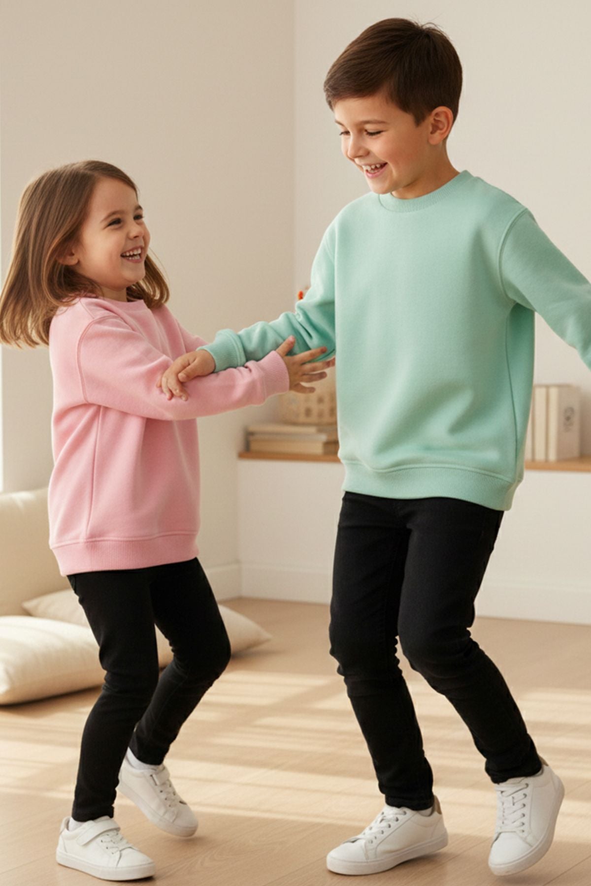 2'Li Basic Şardonlu Çocuk Sweatshirt Su Yeşili - Pudra