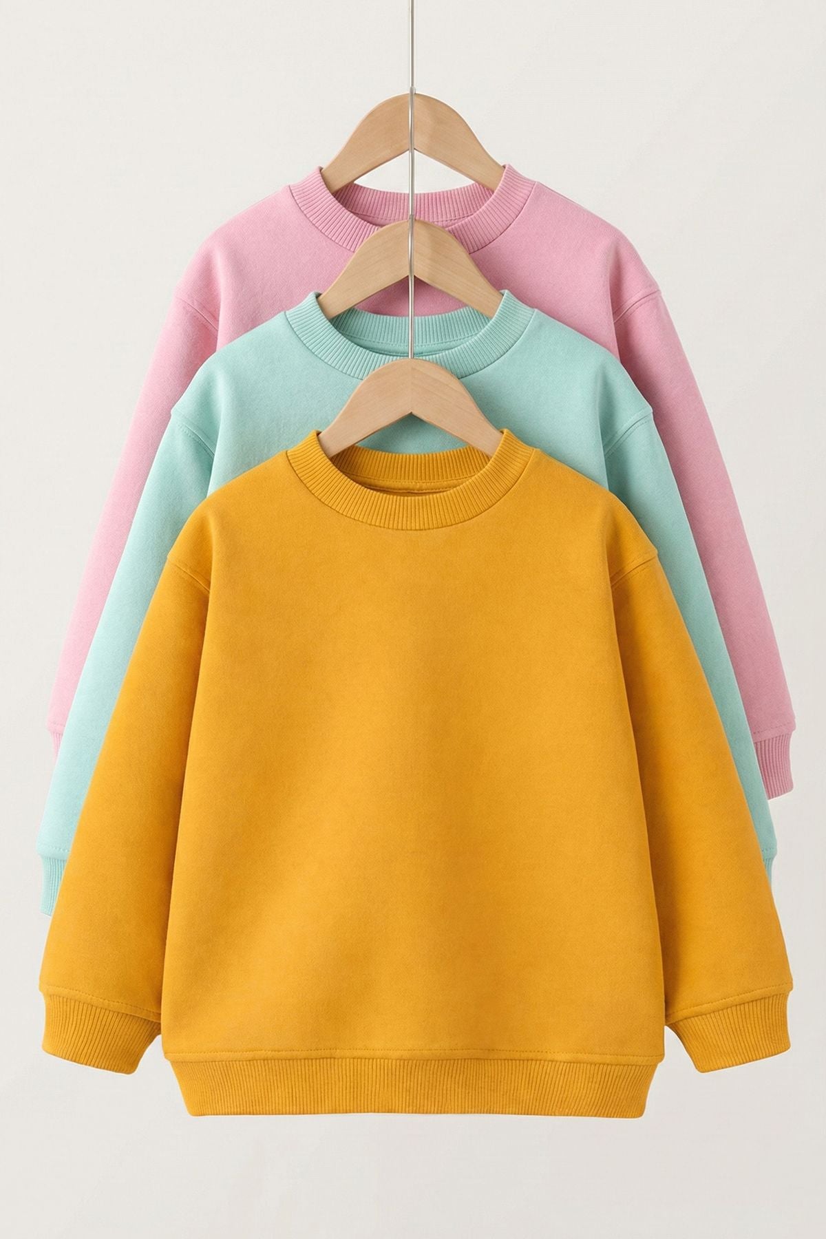 3'Lü Basic Şardonlu Çocuk Sweatshirt Su Yeşili - Hardal - Pudra