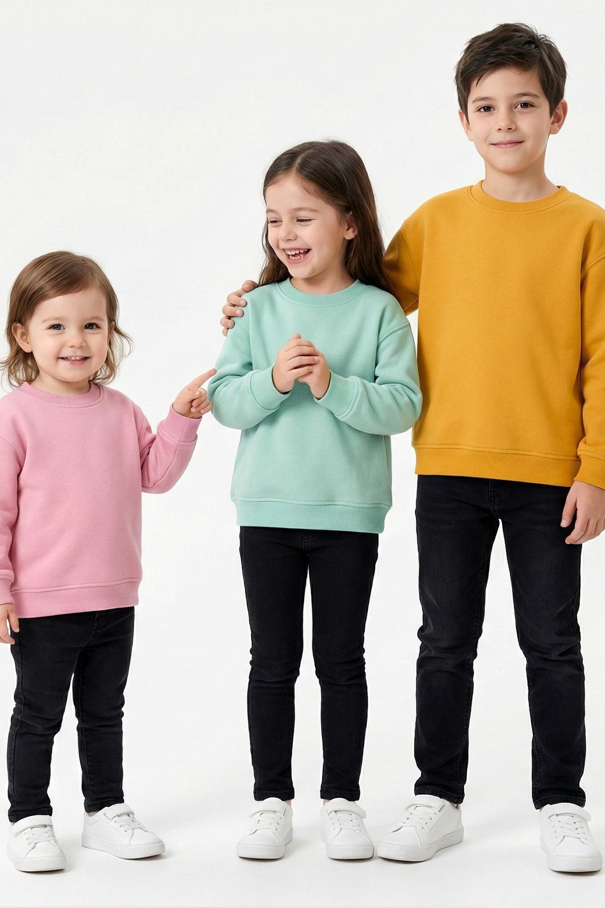 3'Lü Basic Şardonlu Çocuk Sweatshirt Su Yeşili - Hardal - Pudra