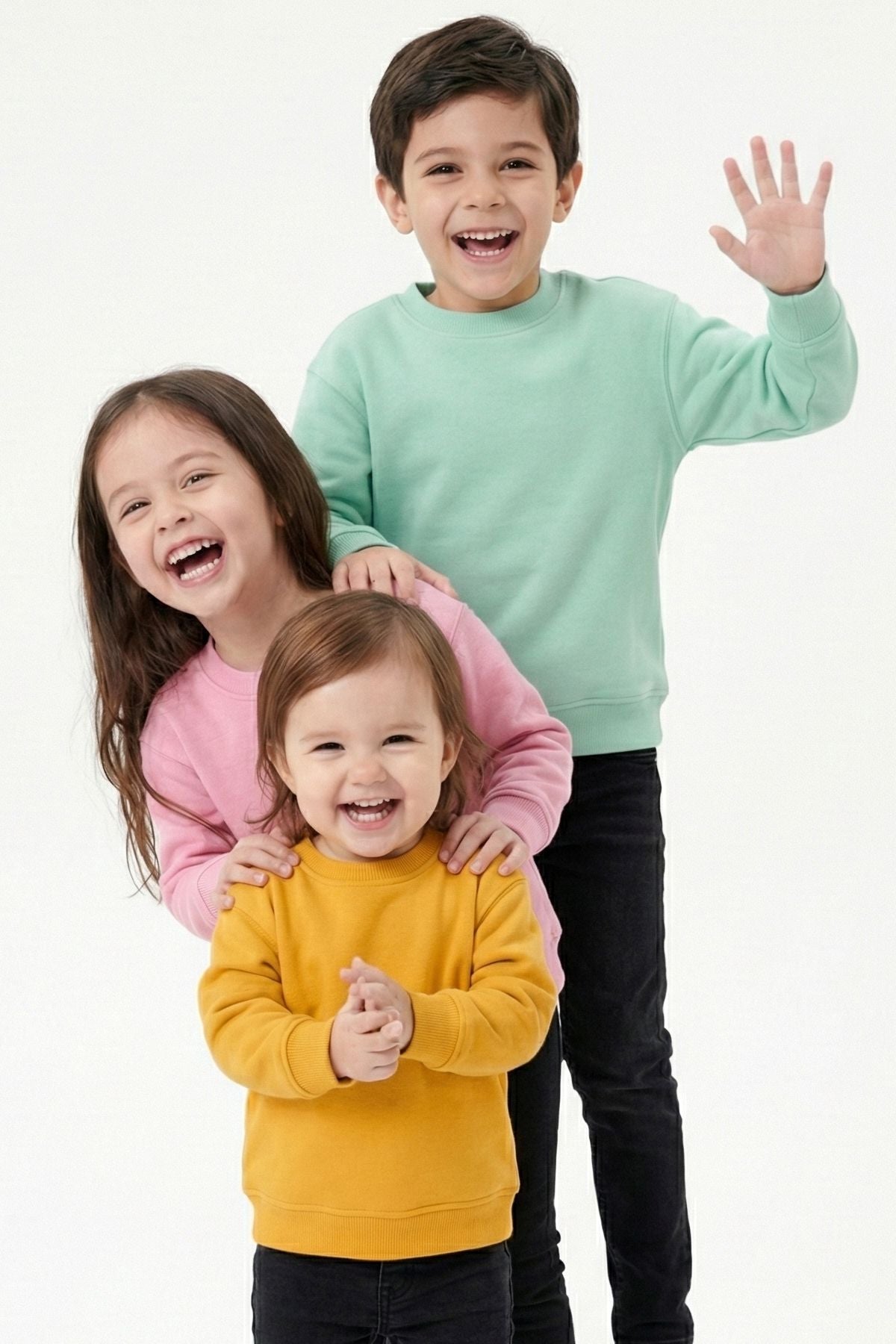 3'Lü Basic Şardonlu Çocuk Sweatshirt Su Yeşili - Hardal - Pudra