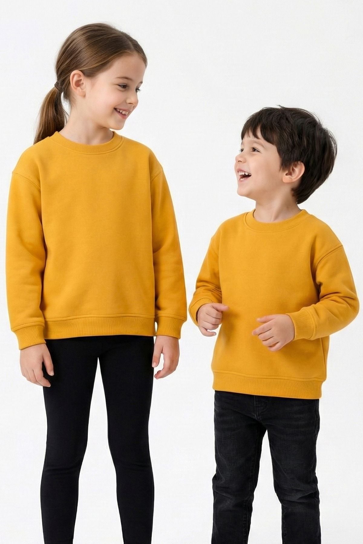3'Lü Basic Şardonlu Çocuk Sweatshirt Su Yeşili - Hardal - Pudra
