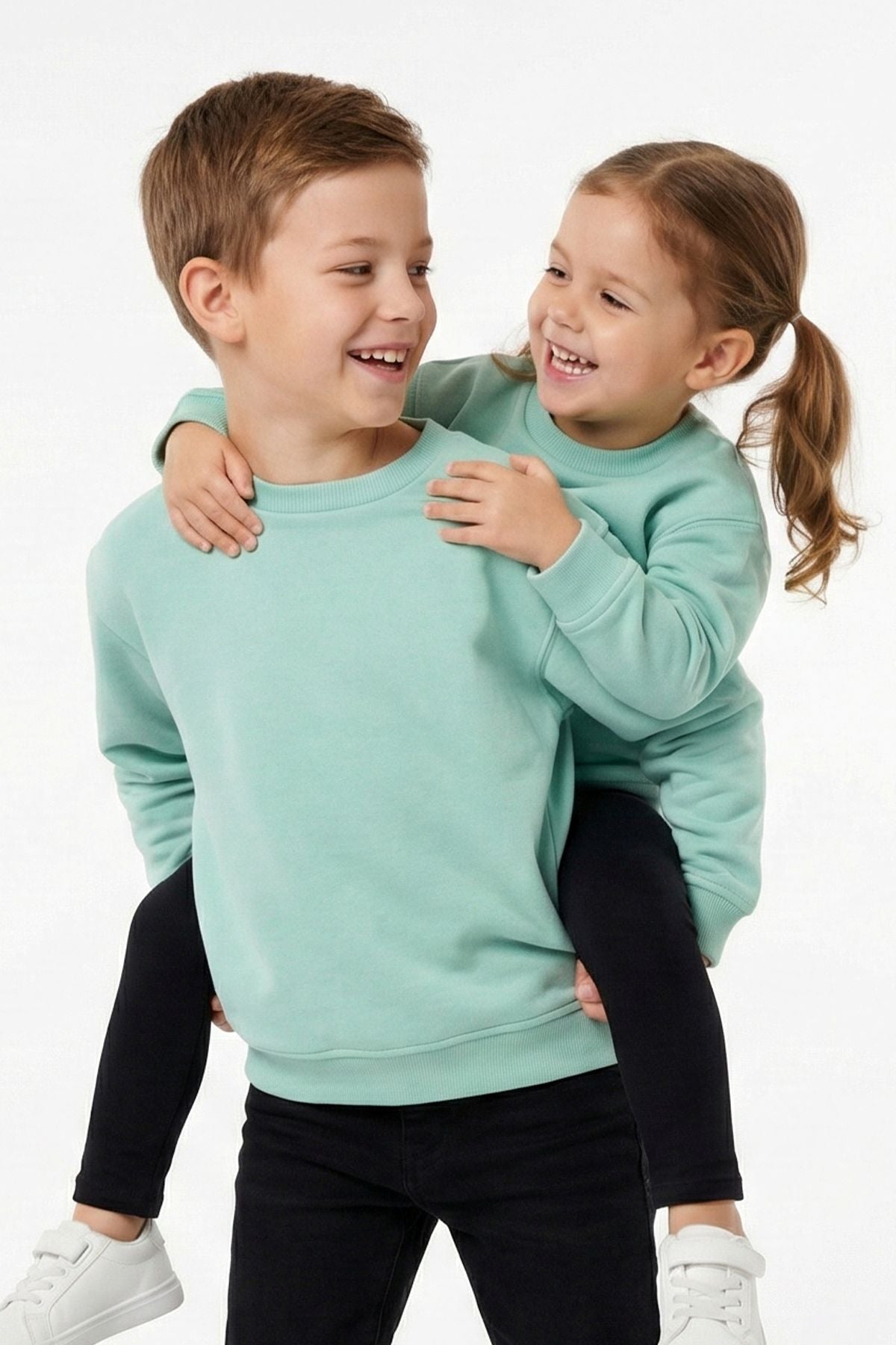 3'Lü Basic Şardonlu Çocuk Sweatshirt Su Yeşili - Hardal - Pudra