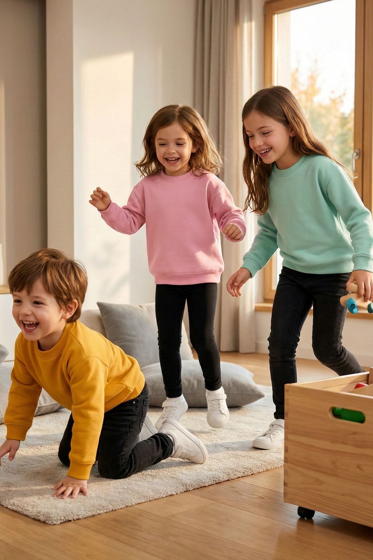 3'Lü Basic Şardonlu Çocuk Sweatshirt Su Yeşili - Hardal - Pudra