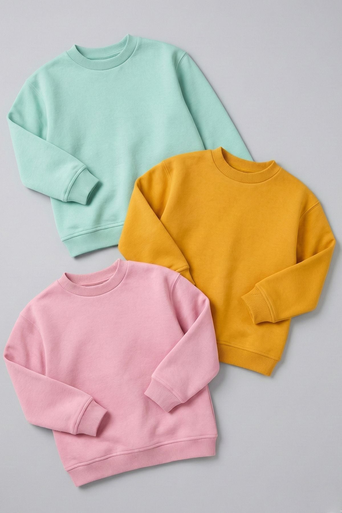 3'Lü Basic Şardonlu Çocuk Sweatshirt Su Yeşili - Hardal - Pudra