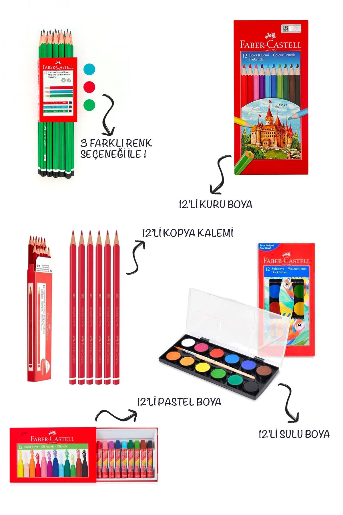 5'Li Okul Set (Kurşun Kalem-Kuru Boya-Kopya Kalemi-Sulu Boya-Pastel Boya )