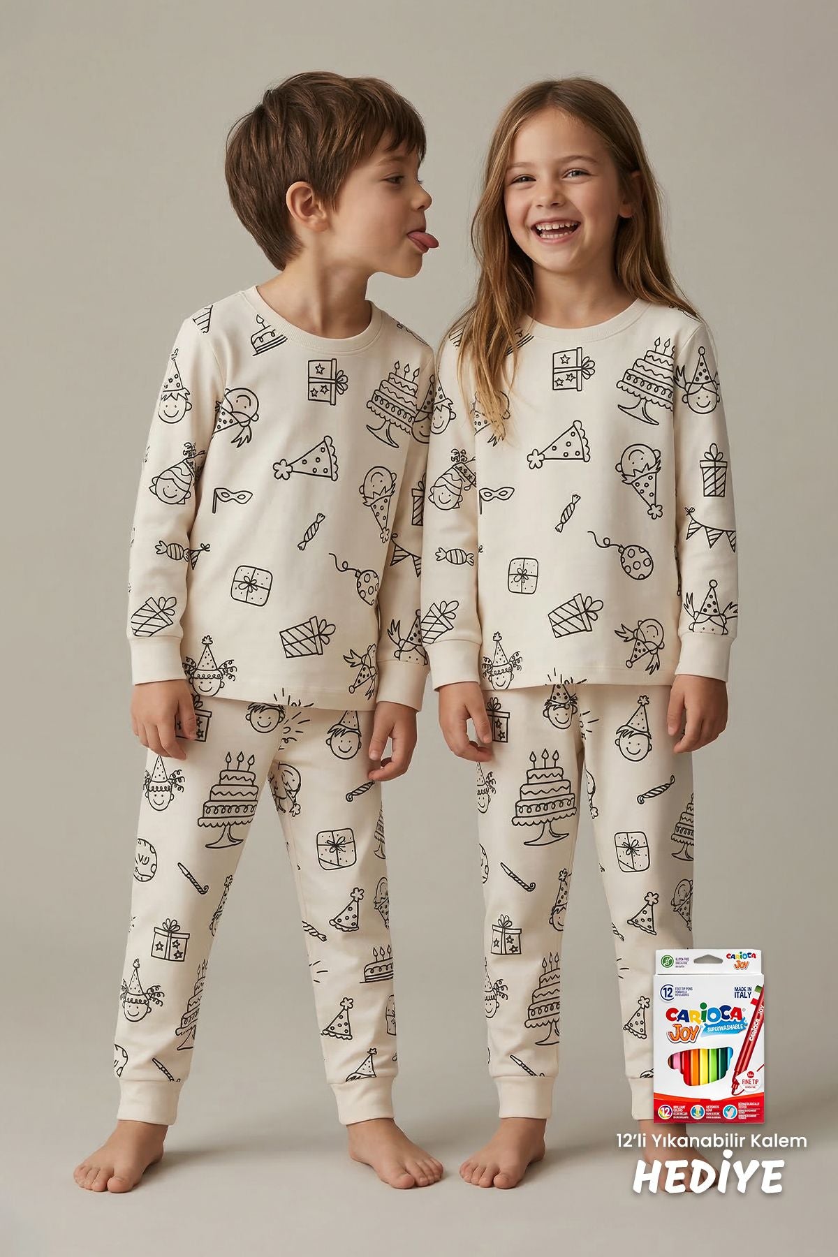 Boyanabilir Doğum Günü Temalı Çocuk Pijama Takımı – Yıkanabilir 12-Li Kalem Hediyeli