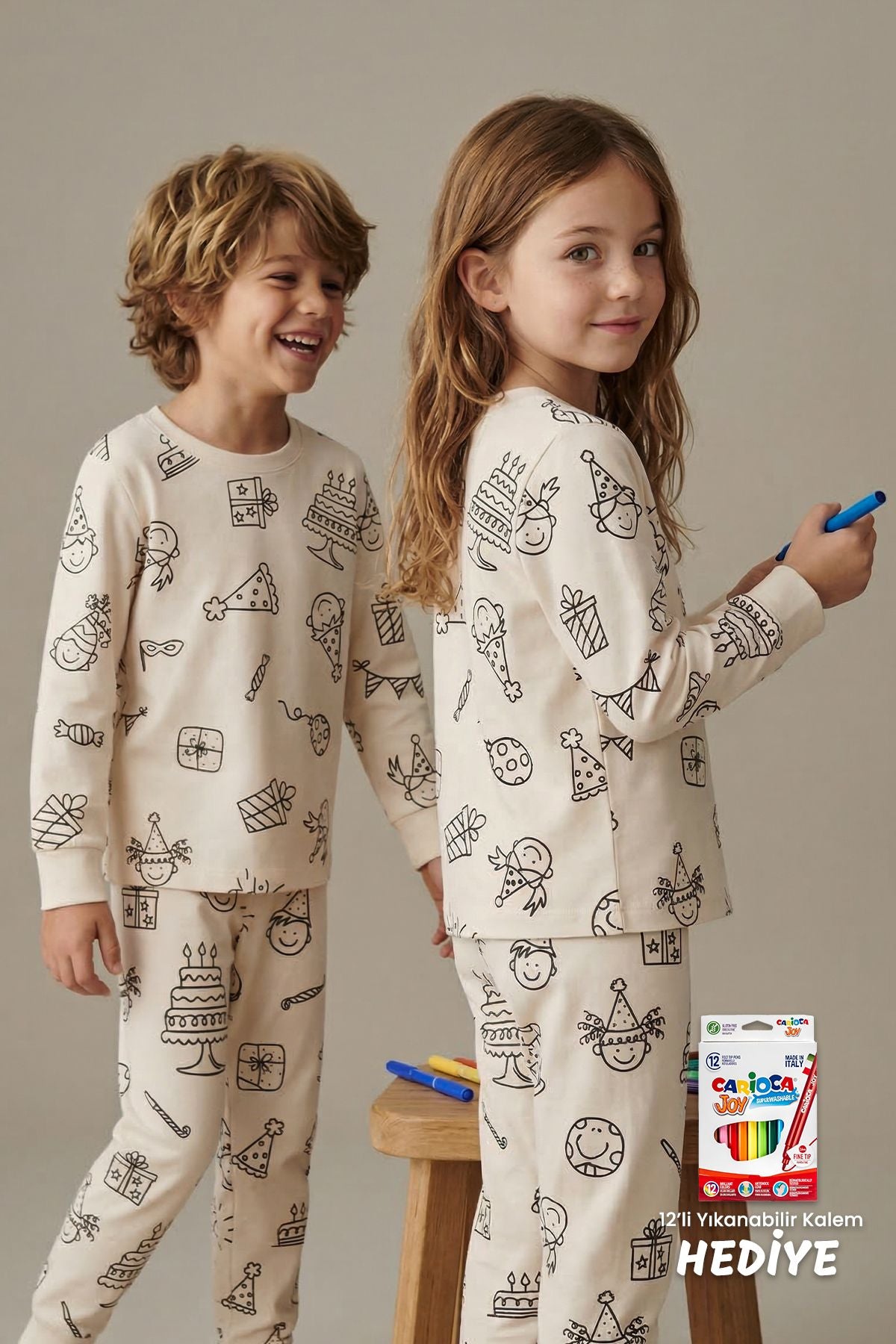 Boyanabilir Doğum Günü Temalı Çocuk Pijama Takımı – Yıkanabilir 12-Li Kalem Hediyeli