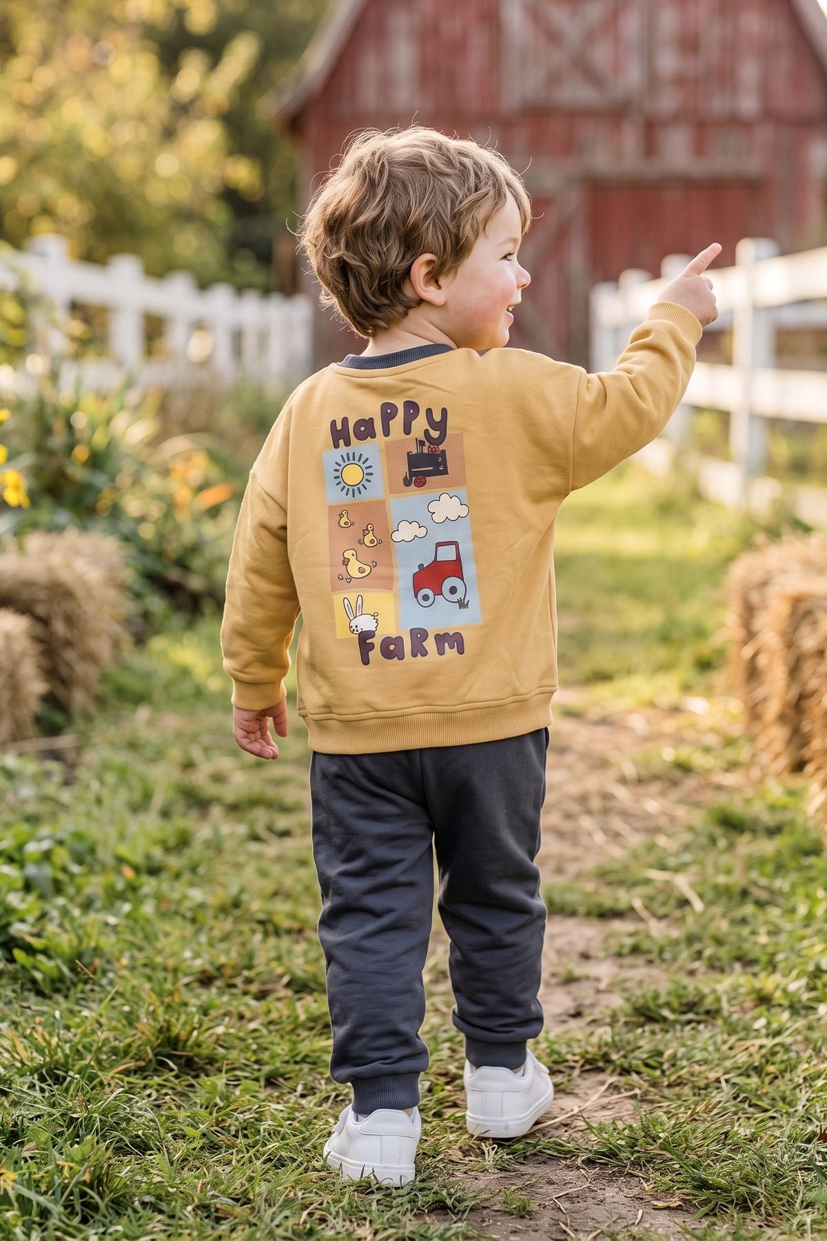 Happy Farm Baskılı Erkek Bebek Sweatshirt Eşofman Alt Üst Takım