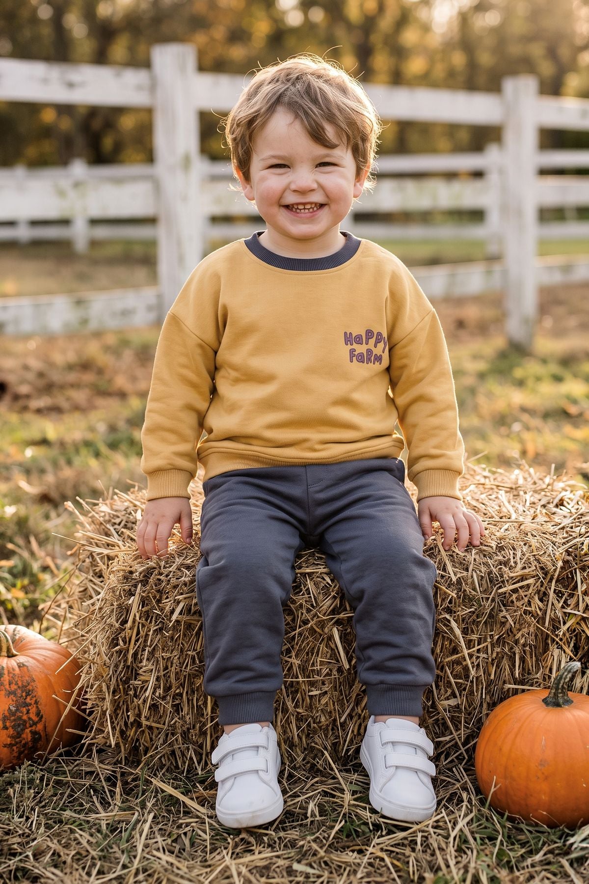 Happy Farm Baskılı Erkek Bebek Sweatshirt Eşofman Alt Üst Takım