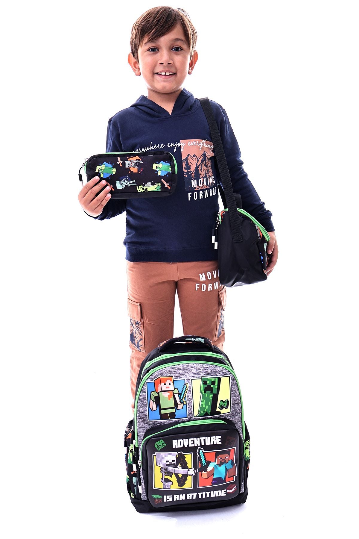 Adventure is An Attıtude Temalı Çocuk Okul Çanta Seti (Sırt Çantası - Beslenme Çantası - Kalemlik)