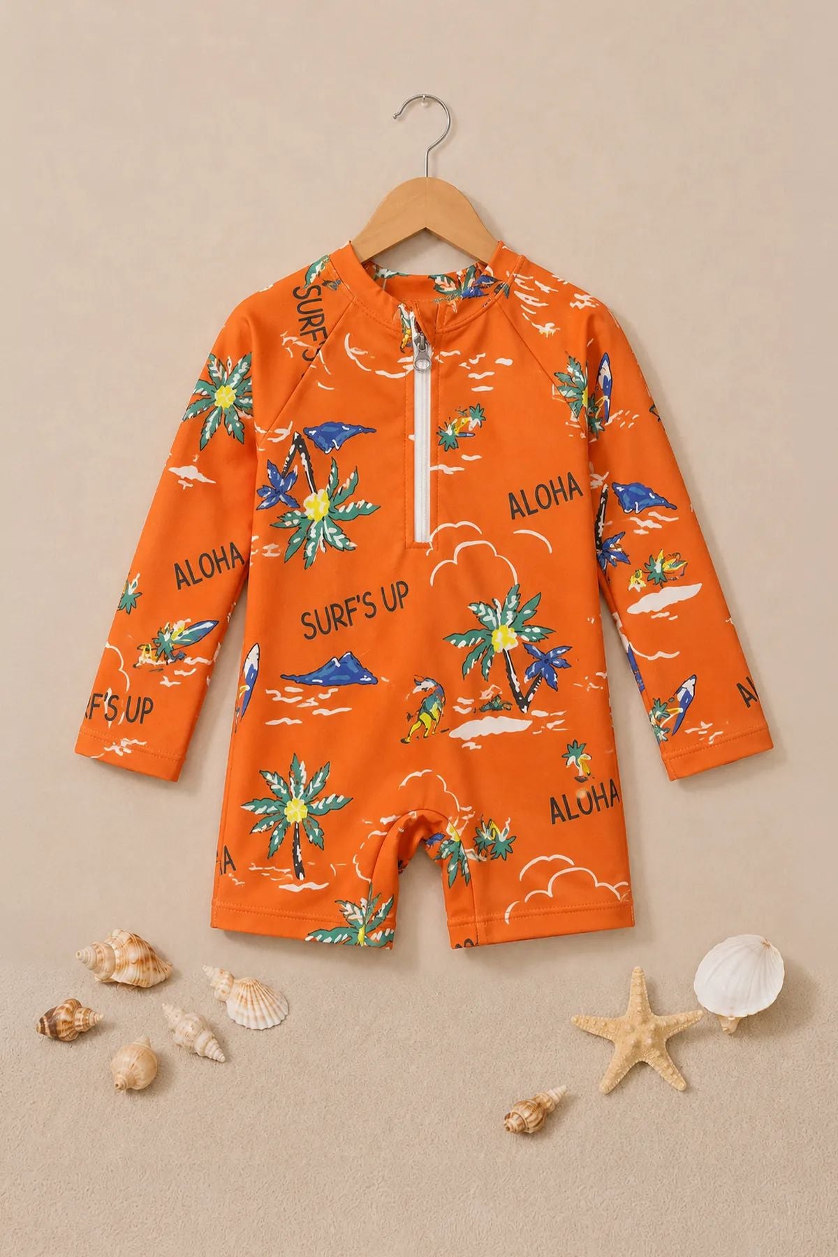 Aloha Surf's Up Turuncu Fermuarlı Uzun Kollu Erkek Bebek Tulum Mayo