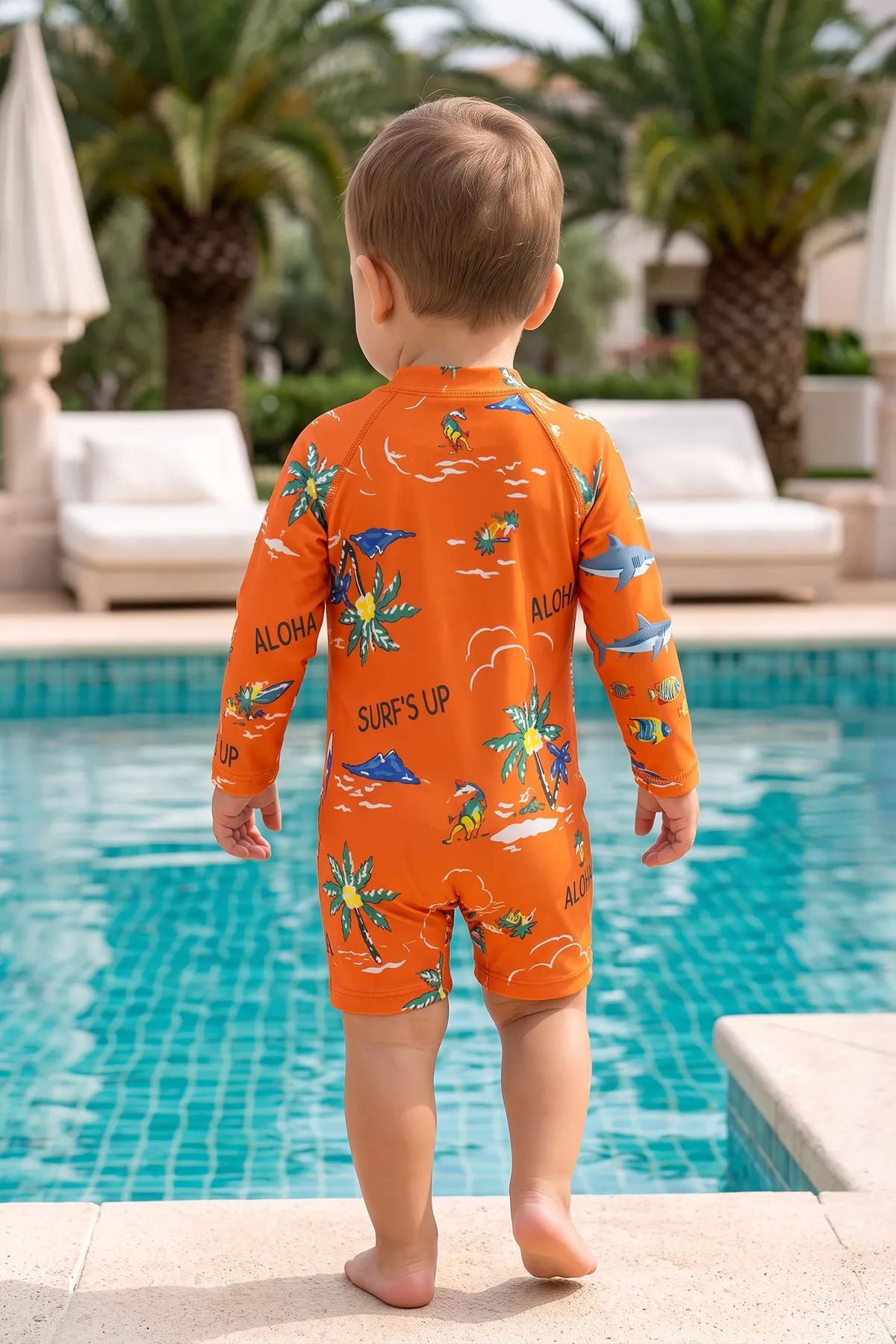 Aloha Surf's Up Turuncu Fermuarlı Uzun Kollu Erkek Bebek Tulum Mayo