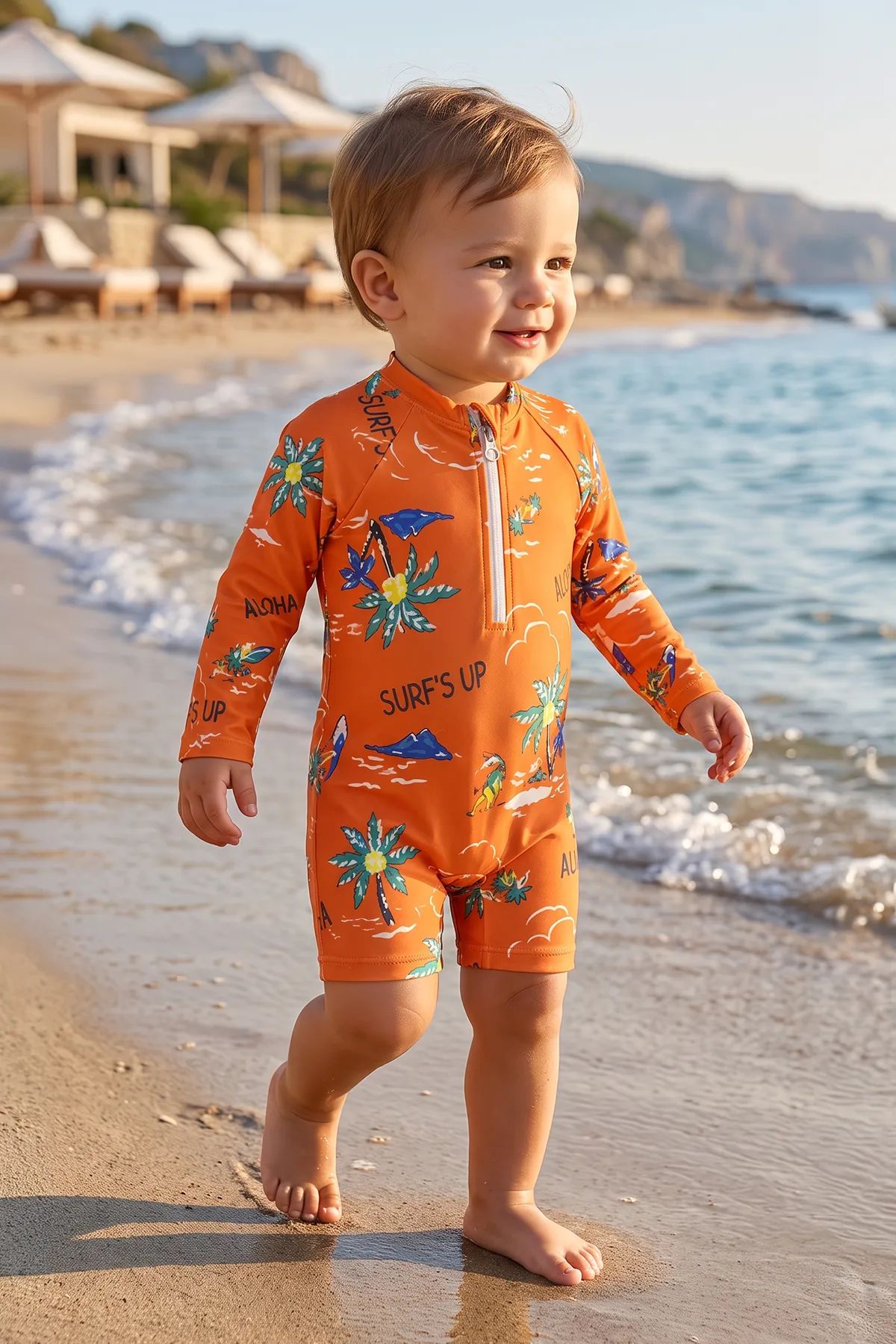 Aloha Surf's Up Turuncu Fermuarlı Uzun Kollu Erkek Bebek Tulum Mayo