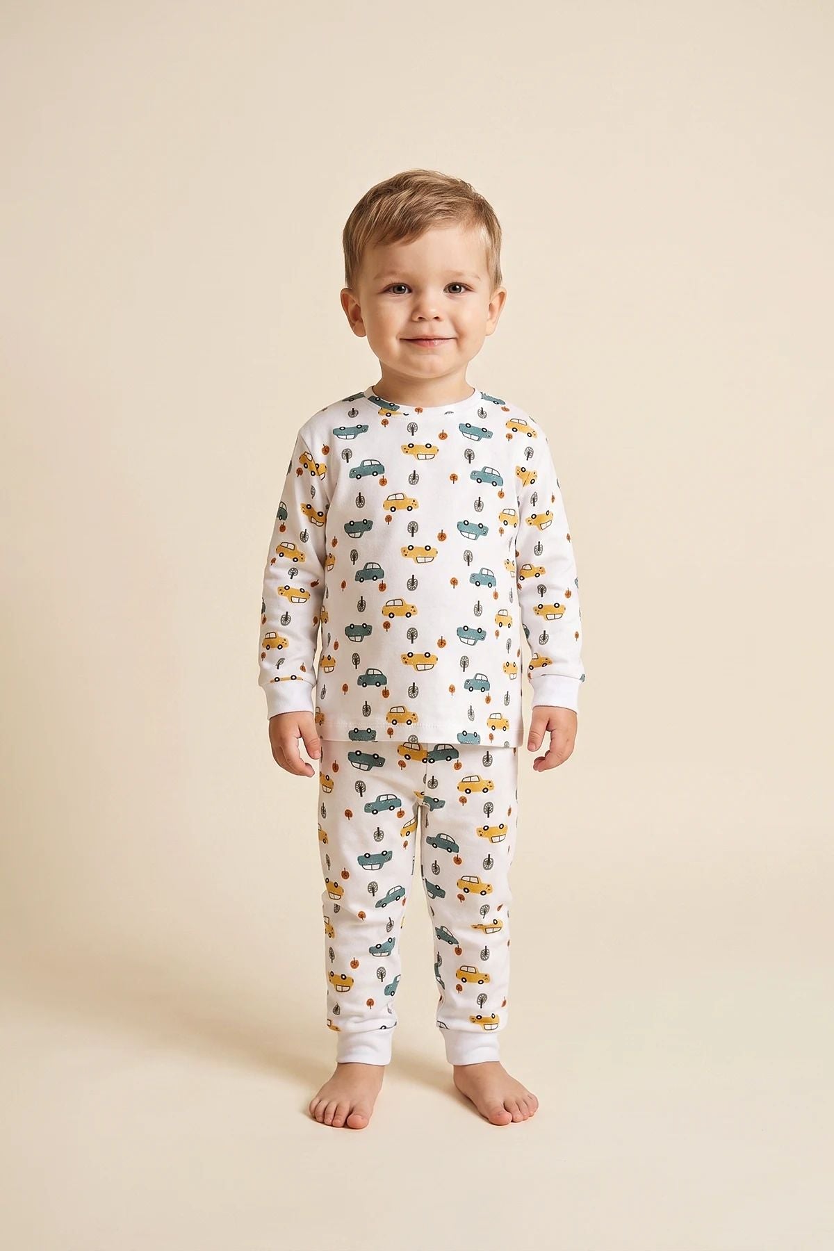 Araba Desenli %100 Pamuk Süprem Kumaş Erkek Bebek - Çocuk Pijama Takımı