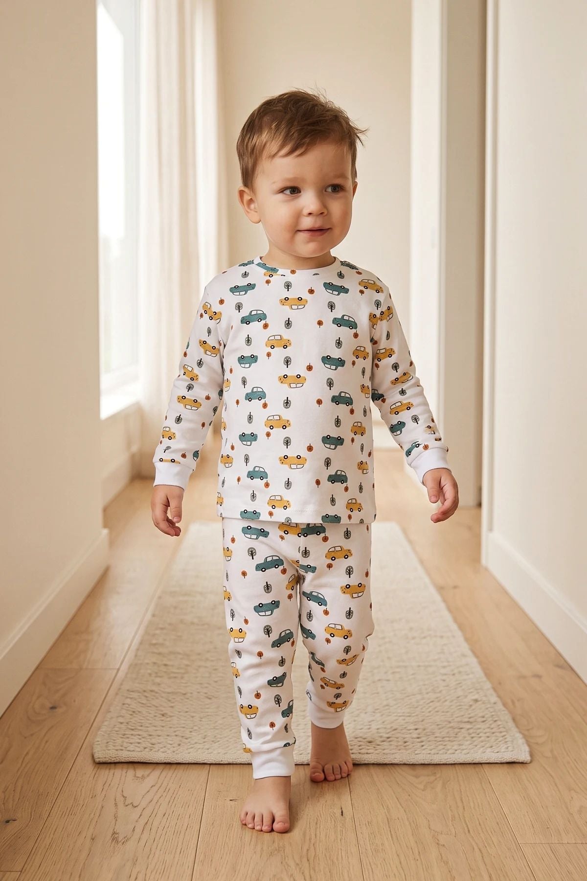 Araba Desenli %100 Pamuk Süprem Kumaş Erkek Bebek - Çocuk Pijama Takımı
