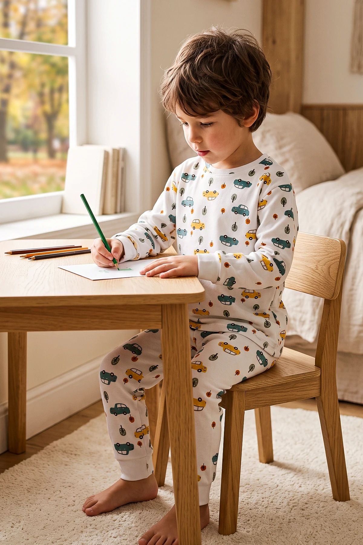 Araba Desenli %100 Pamuk Süprem Kumaş Erkek Bebek - Çocuk Pijama Takımı