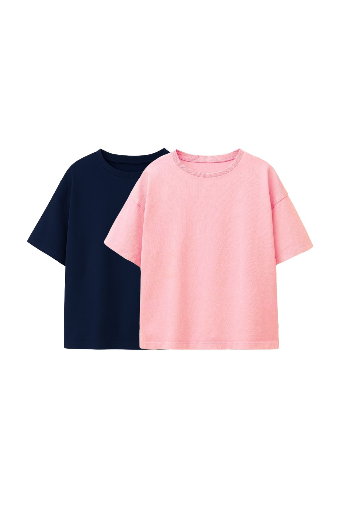 Basic 2'Li Kız Çocuk Bisiklet Yaka T-Shirt ( Lacivert - Pembe )
