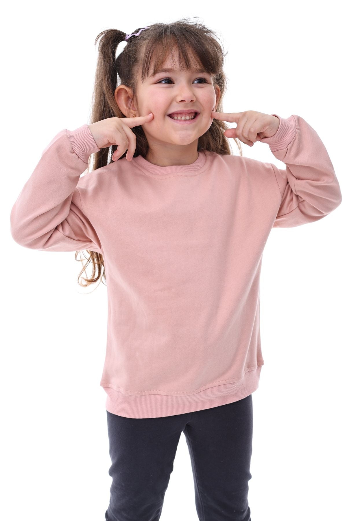 Basic Bisiklet Yaka Şardonlu Çocuk Sweatshirt 3-12 Yaş Pudra