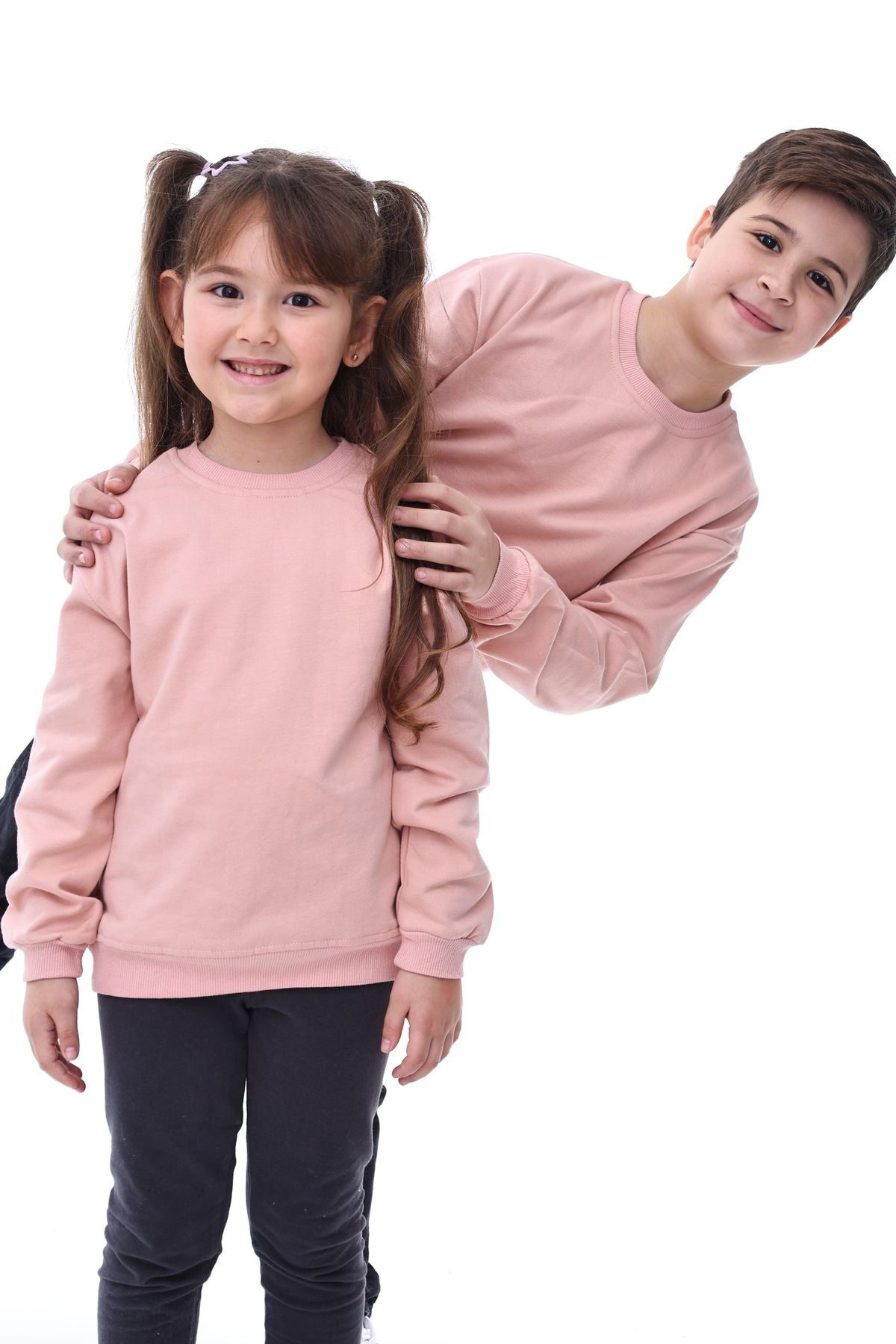Basic Bisiklet Yaka Şardonlu Çocuk Sweatshirt 3-12 Yaş Pudra