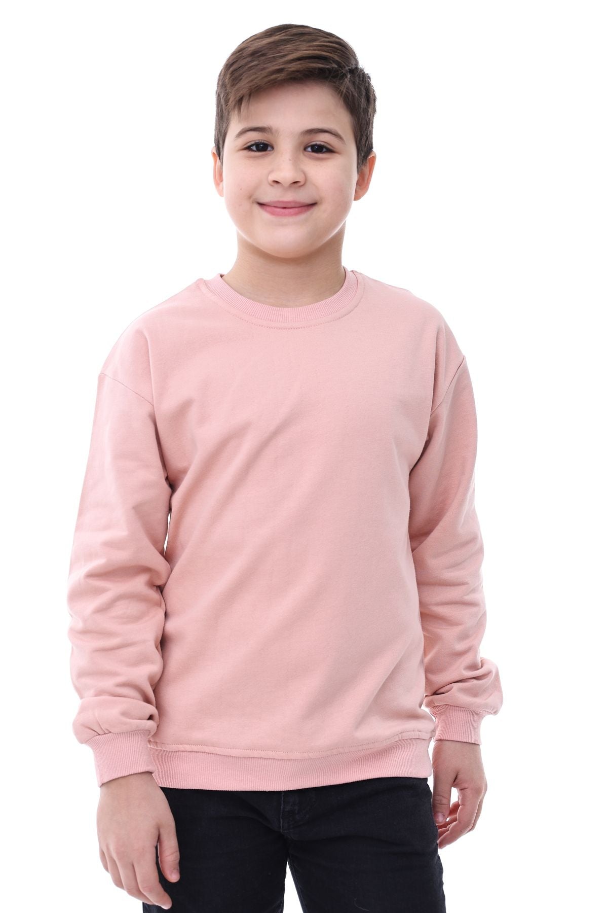 Basic Bisiklet Yaka Şardonlu Çocuk Sweatshirt 3-12 Yaş Pudra