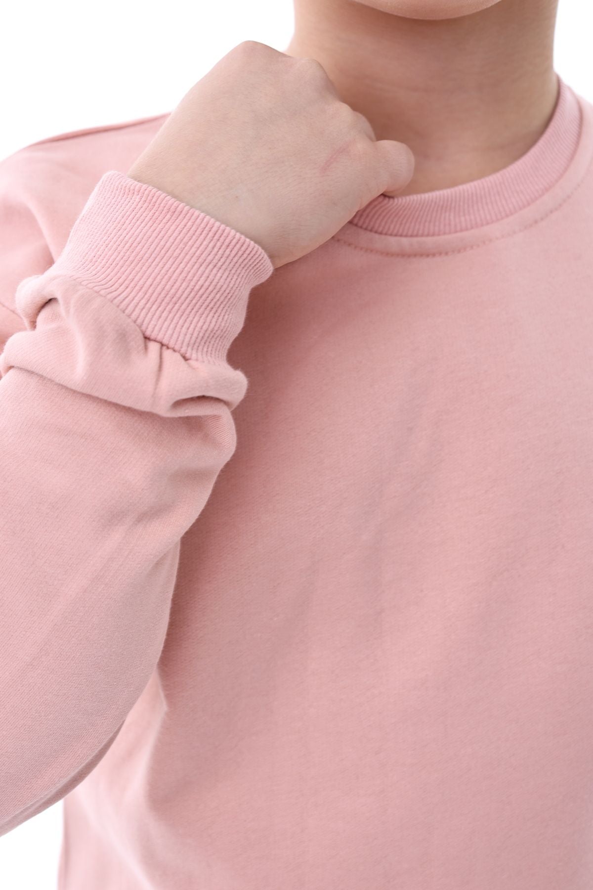 Basic Bisiklet Yaka Şardonlu Çocuk Sweatshirt 3-12 Yaş Pudra