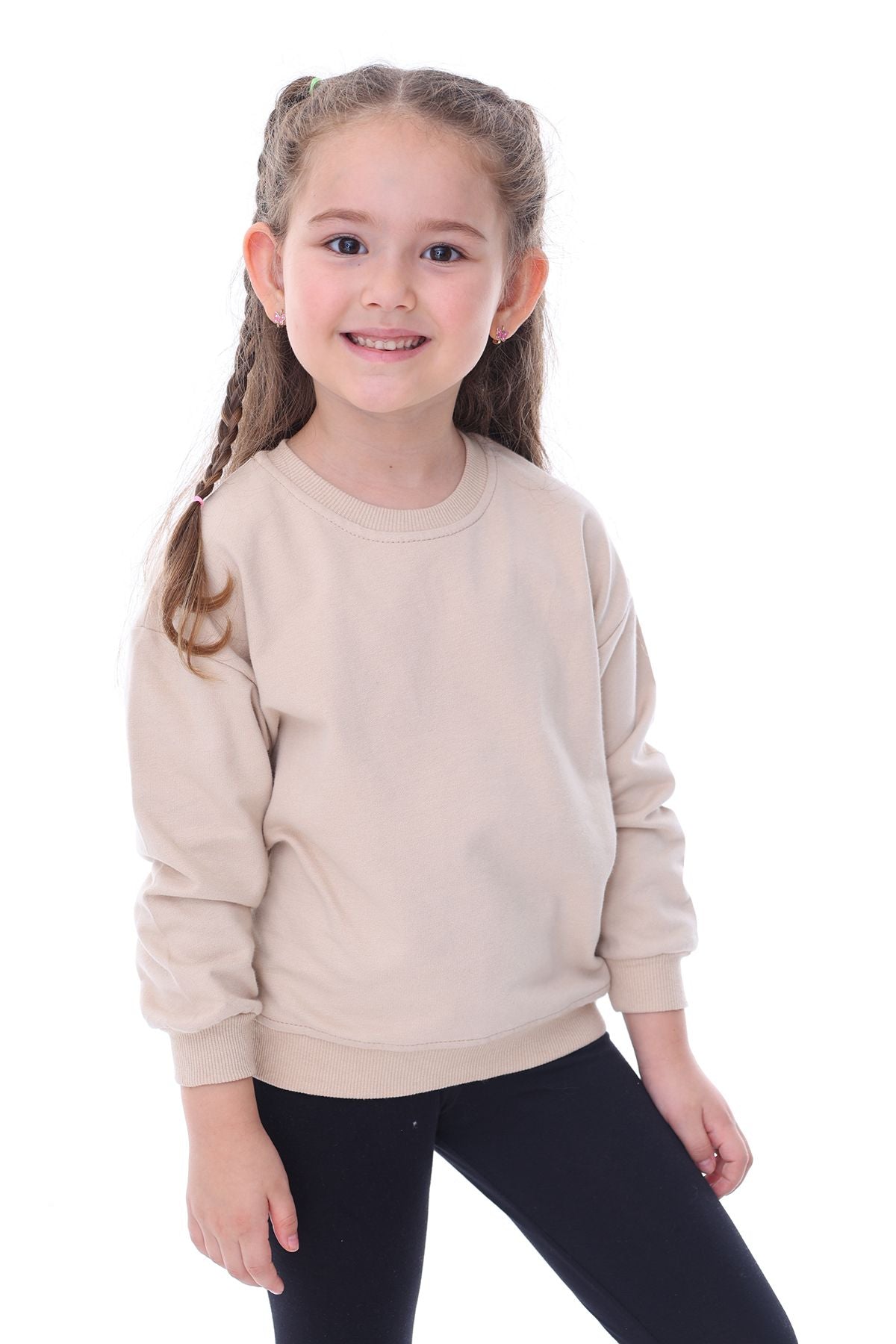 Basic Düz Renk Pembe Fırçalı Yumuşak %100 Pamuk Sweatshirt