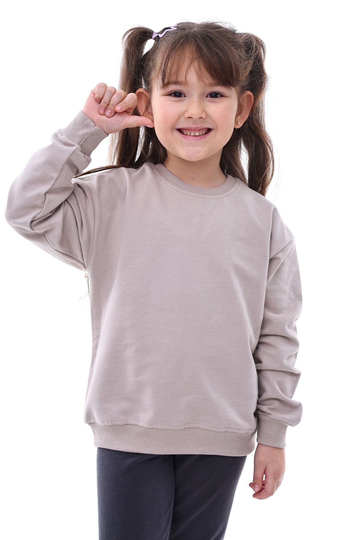 Basic Düz Renk Vizon Fırçalı Yumuşak Pamuk Sweatshirt