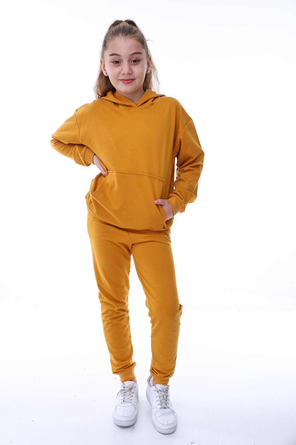 Basic Kapüşonlu 2 İplik Şardonlu Kanguru Cepli Çocuk Eşofman Takımı 3-10 Yaş Haki