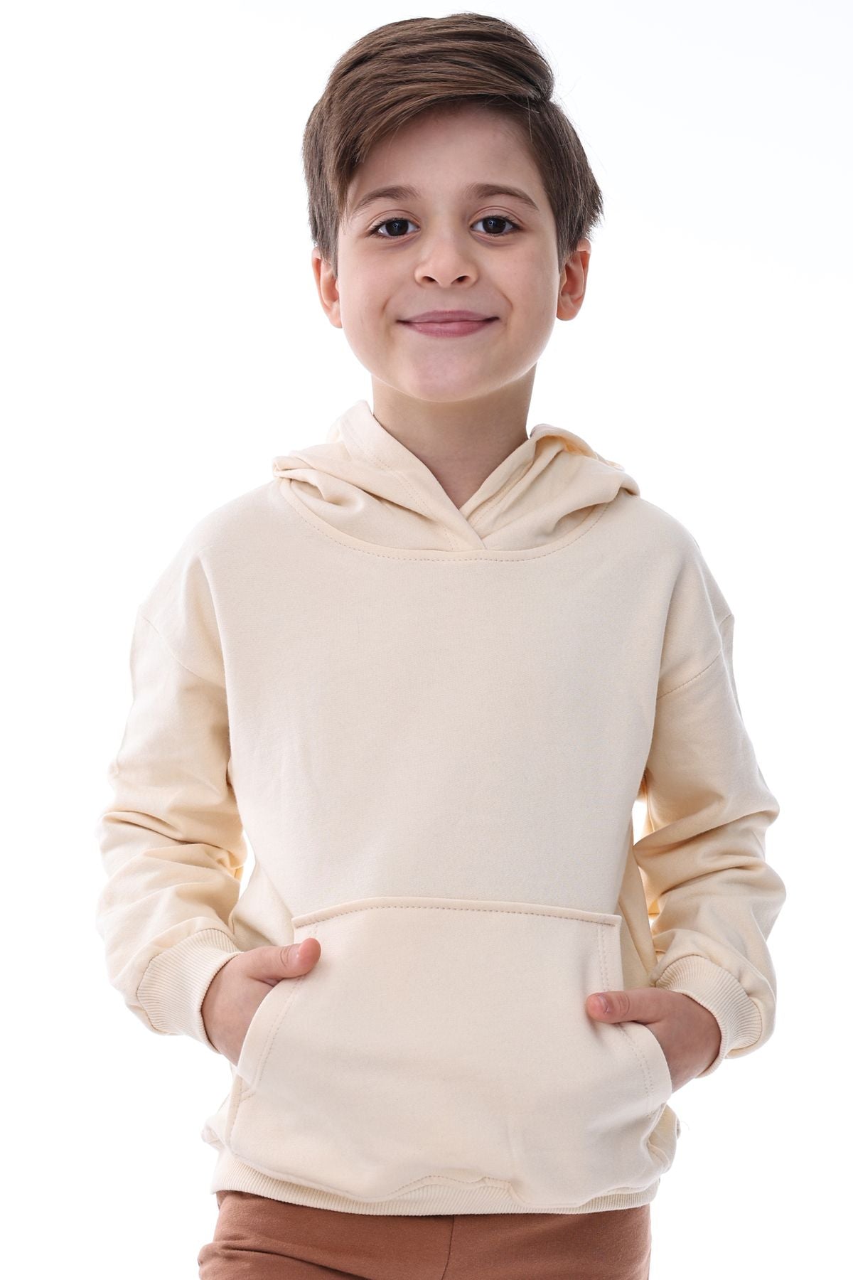 Basic Kapüşonlu Şardonlu Kanguru Cep Detaylı Çocuk Sweatshirt 3-10 Yaş Ekru