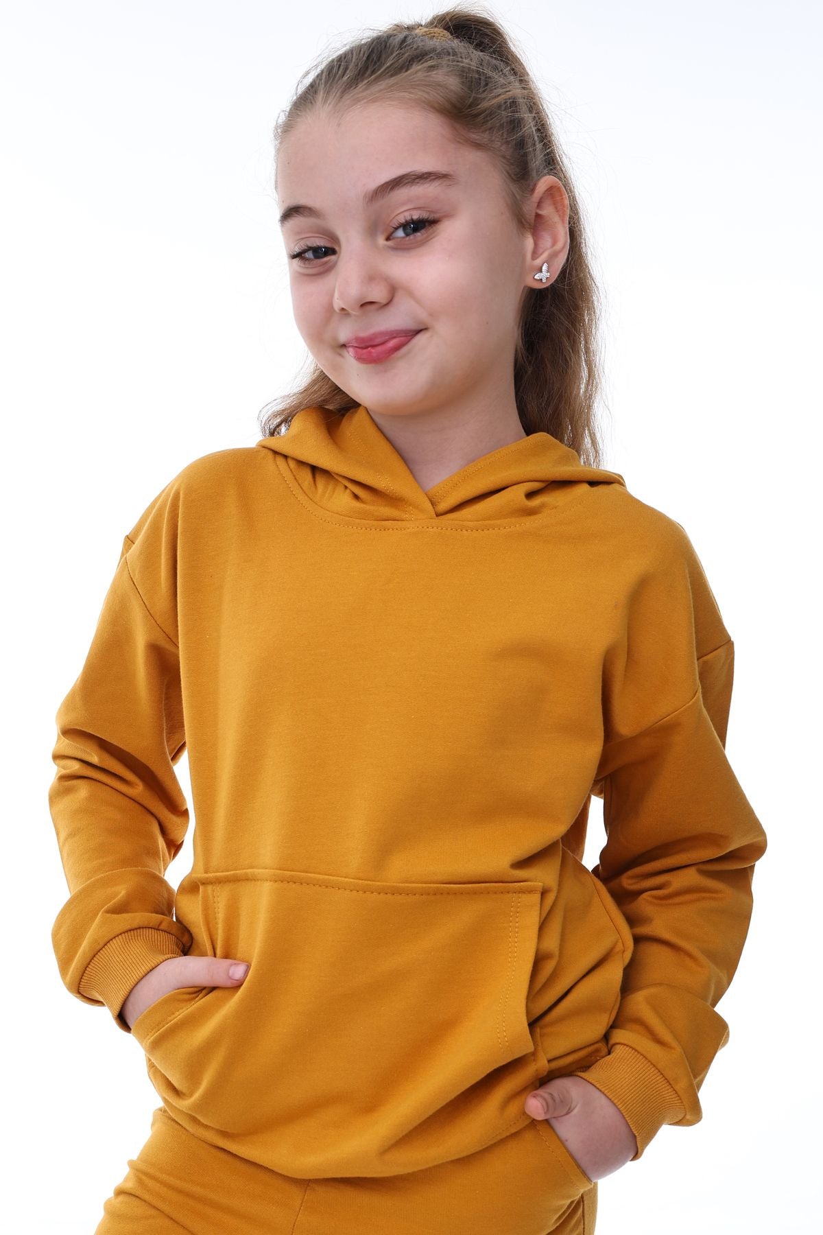 Basic Kapüşonlu Şardonlu Kanguru Cep Detaylı Çocuk Sweatshirt 3-10 Yaş Ekru