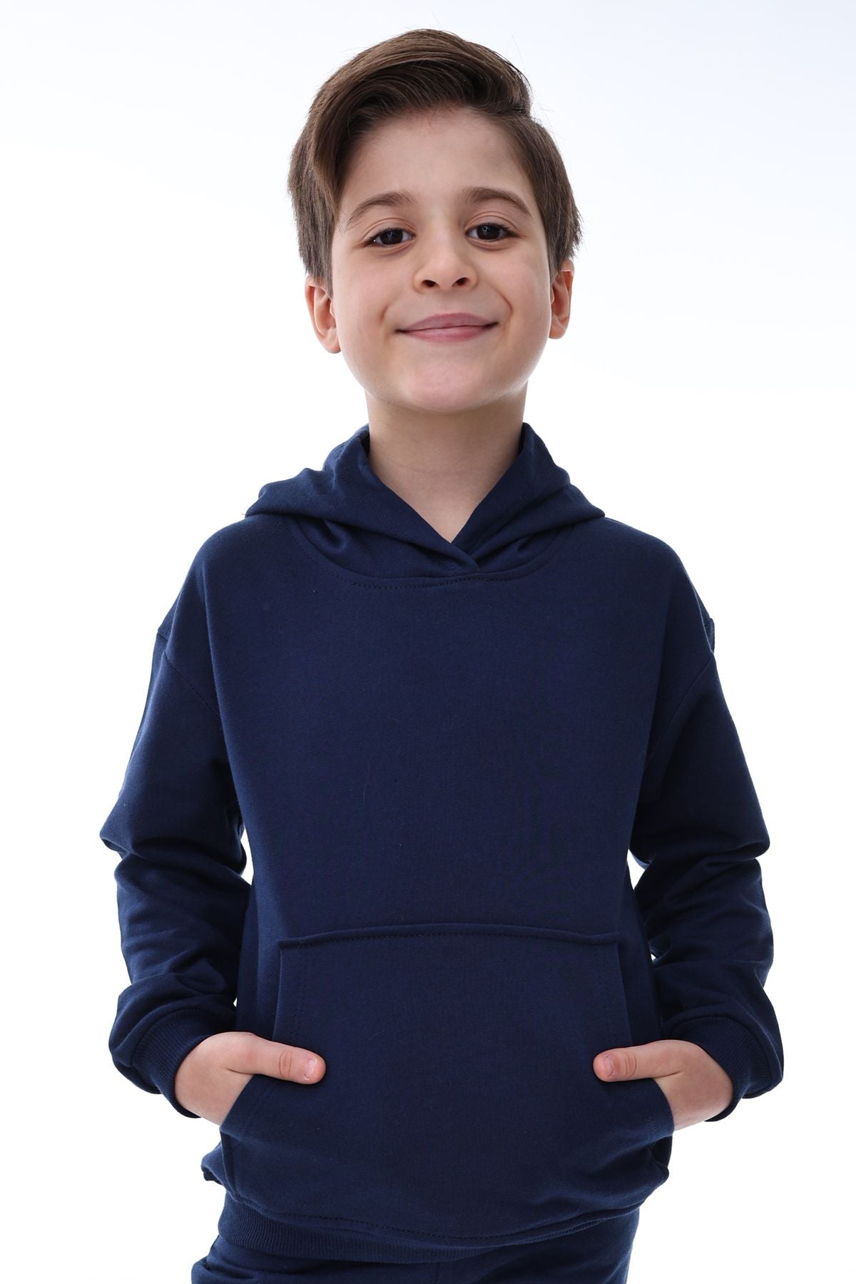 Basic Kapüşonlu Şardonlu Kanguru Cep Detaylı Çocuk Sweatshirt 3-10 Yaş Lacivert