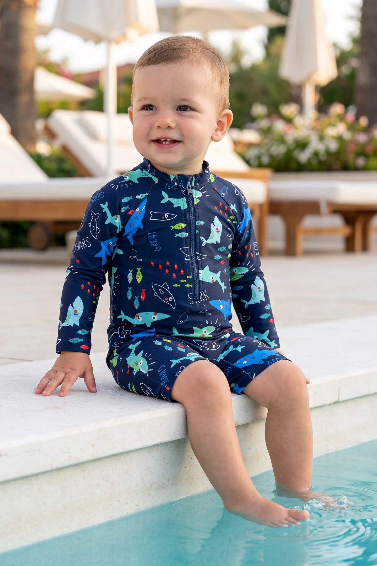 Erkek Bebek Shark Splash Uzun Kollu Fermuarlı Tulum Mayo