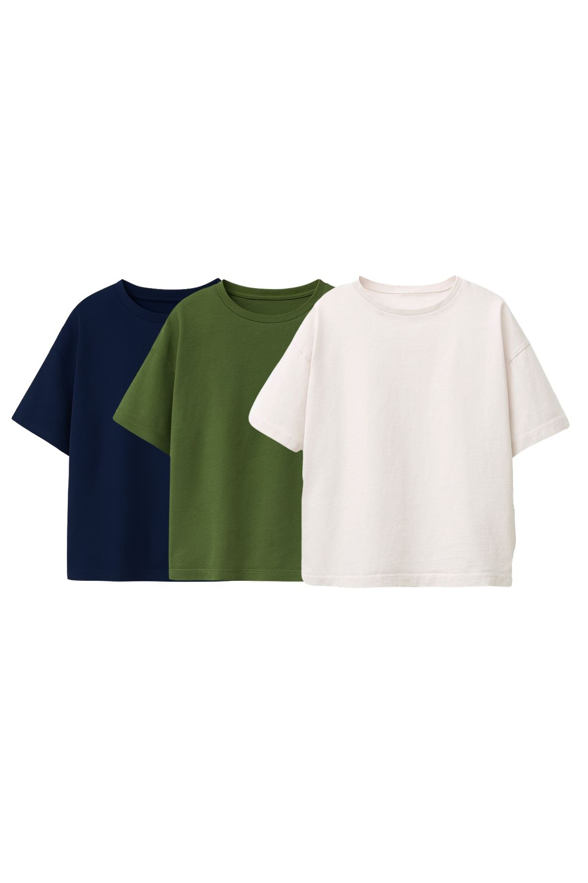 Besic 3'Lü Unisex Çocuk T-Shirt ( Beyaz - Haki - Lacivert )