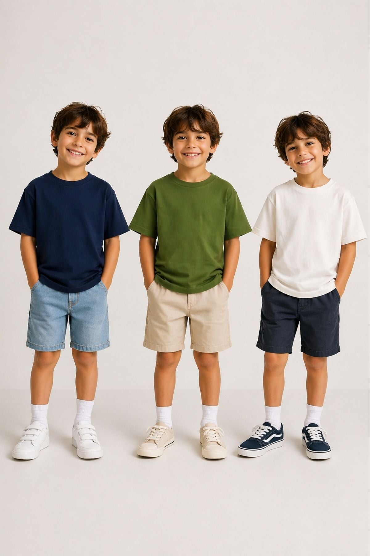 Besic 3'Lü Unisex Çocuk T-Shirt ( Beyaz - Haki - Lacivert )