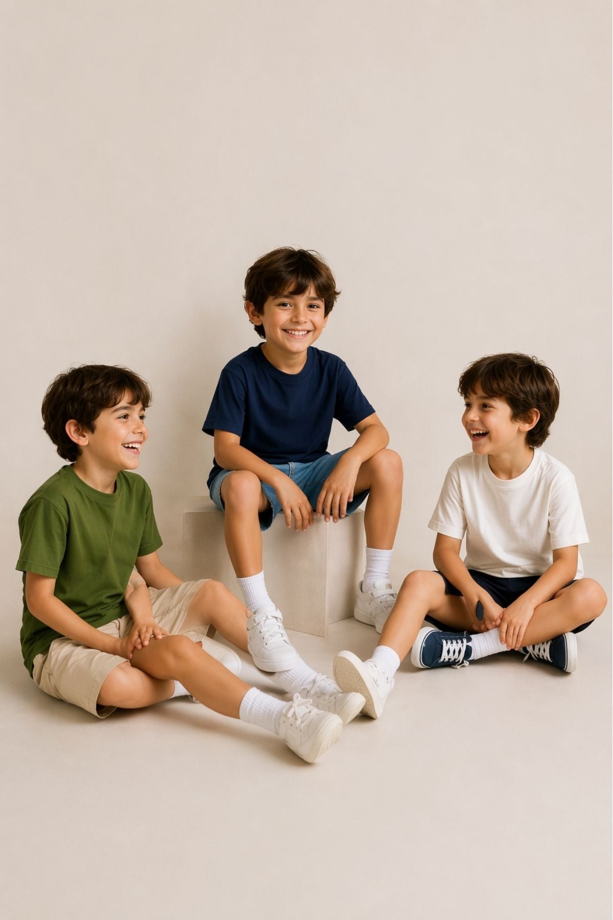 Besic 3'Lü Unisex Çocuk T-Shirt ( Beyaz - Haki - Lacivert )