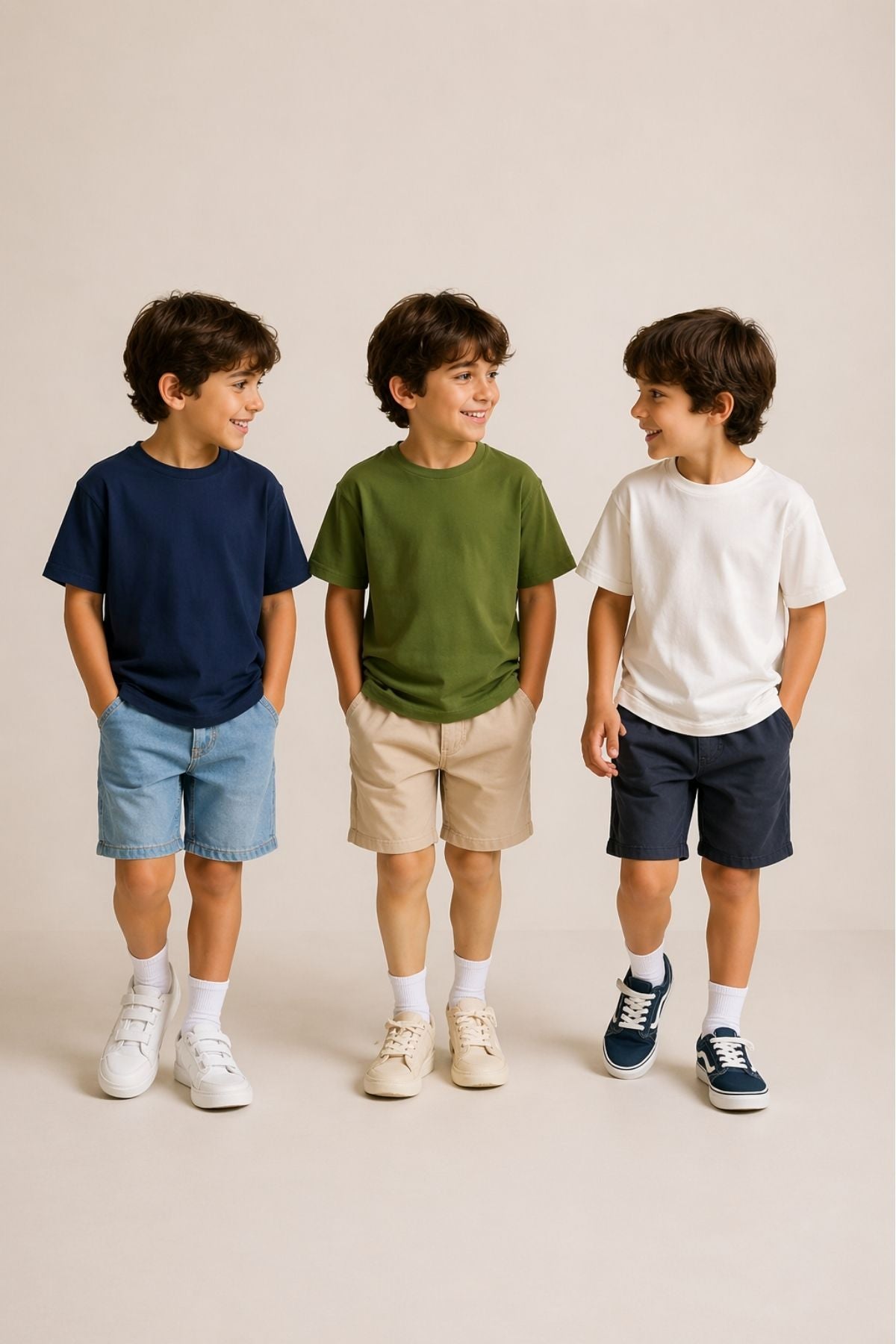 Basic 3'Lü Unisex Çocuk T-Shirt ( Beyaz - Haki - Lacivert ) 3'Lü Unisex Çocuk T-Shirt ( Beyaz - Haki - Lacivert )