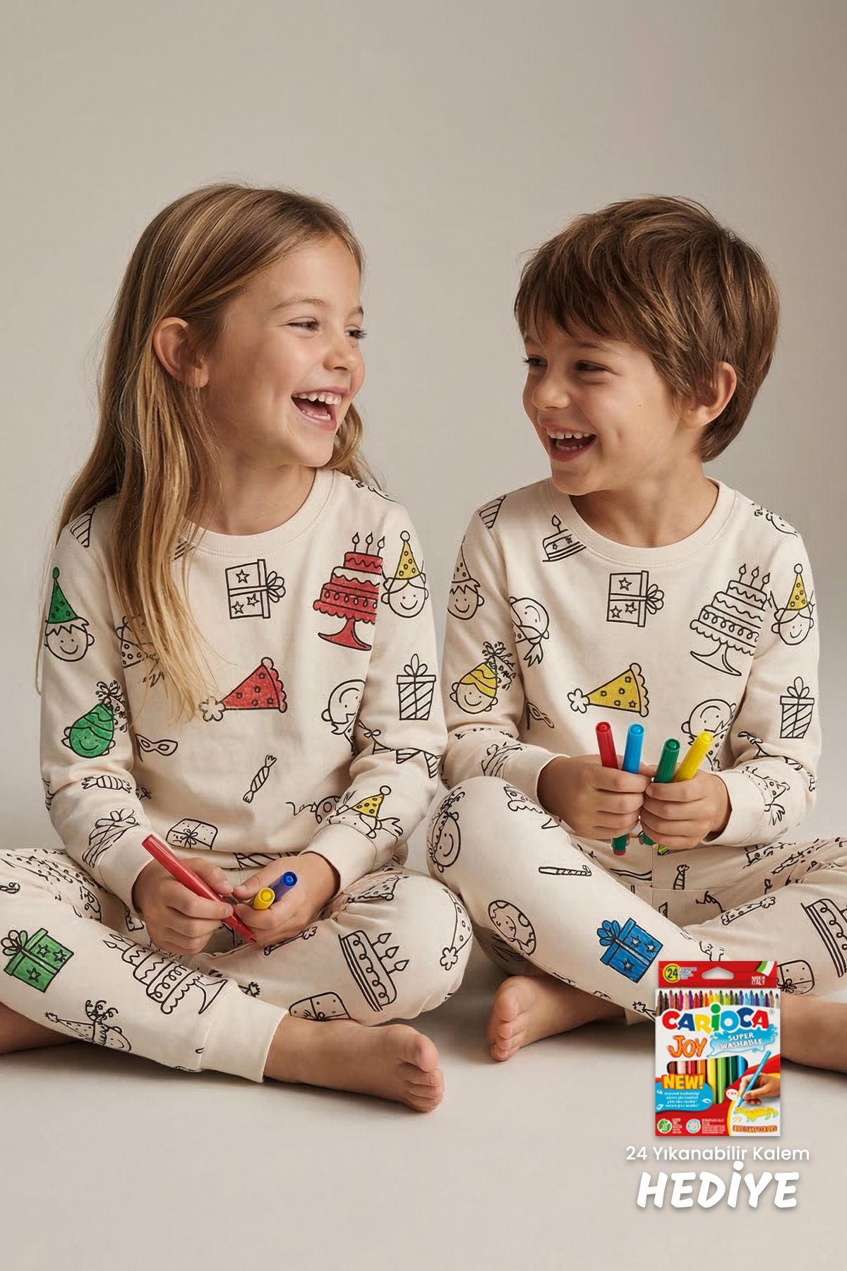 Boyanabilir Doğum Günü Temalı Çocuk Pijama Takımı – Yıkanabilir 24-Lü Kalem Hediyeli