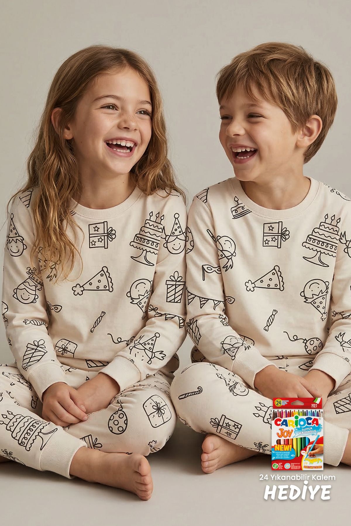 Boyanabilir Doğum Günü Temalı Çocuk Pijama Takımı – Yıkanabilir 24-Lü Kalem Hediyeli