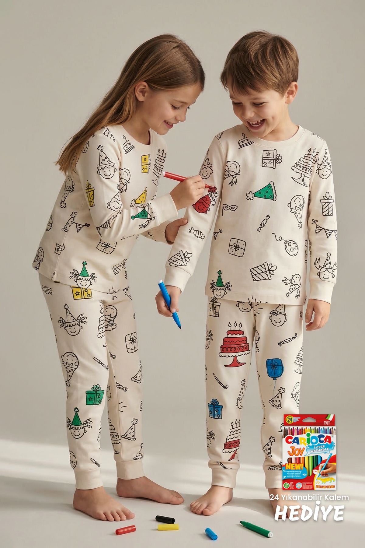 Boyanabilir Doğum Günü Temalı Çocuk Pijama Takımı – Yıkanabilir 24-Lü Kalem Hediyeli