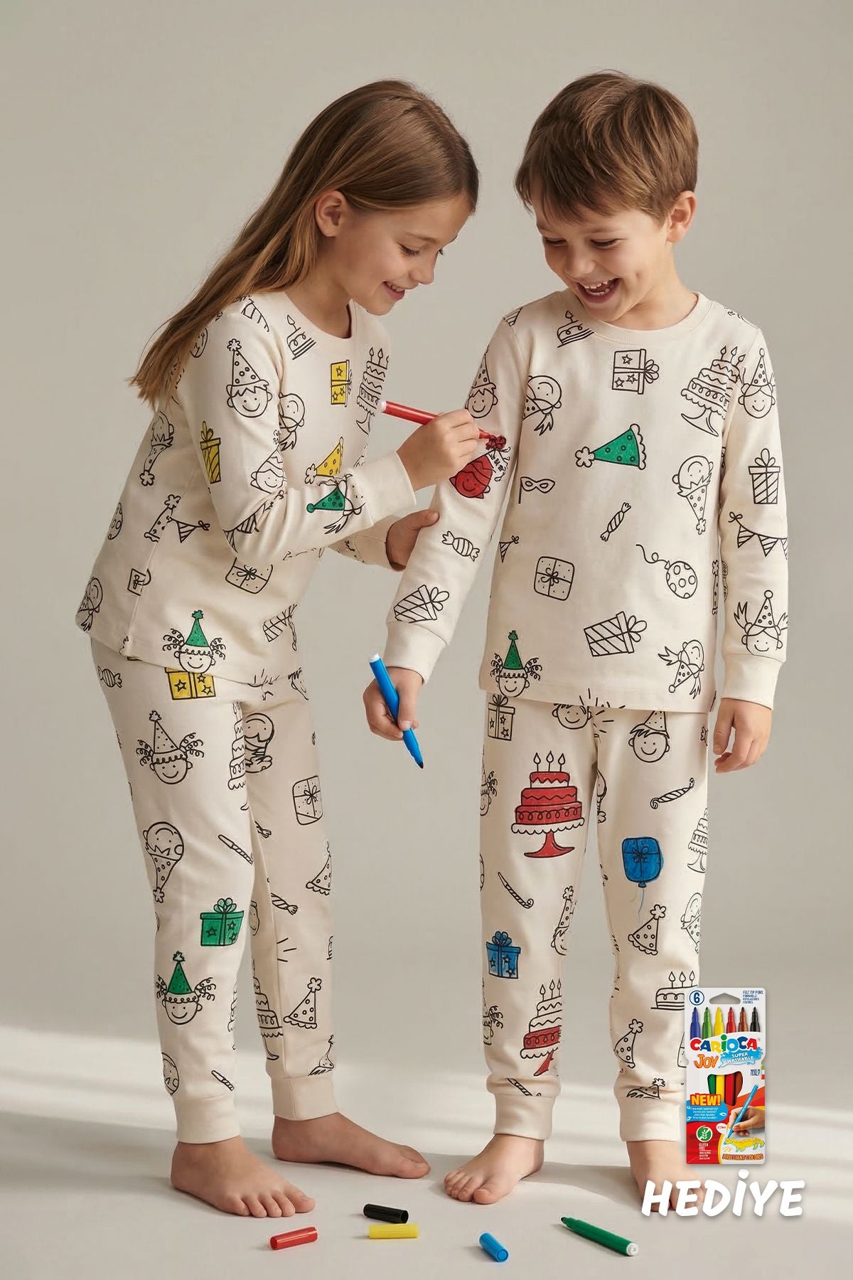 Boyanabilir Doğum Günü Temalı Çocuk Pijama Takımı – Yıkanabilir 6-Lı Kalem Hediyeli