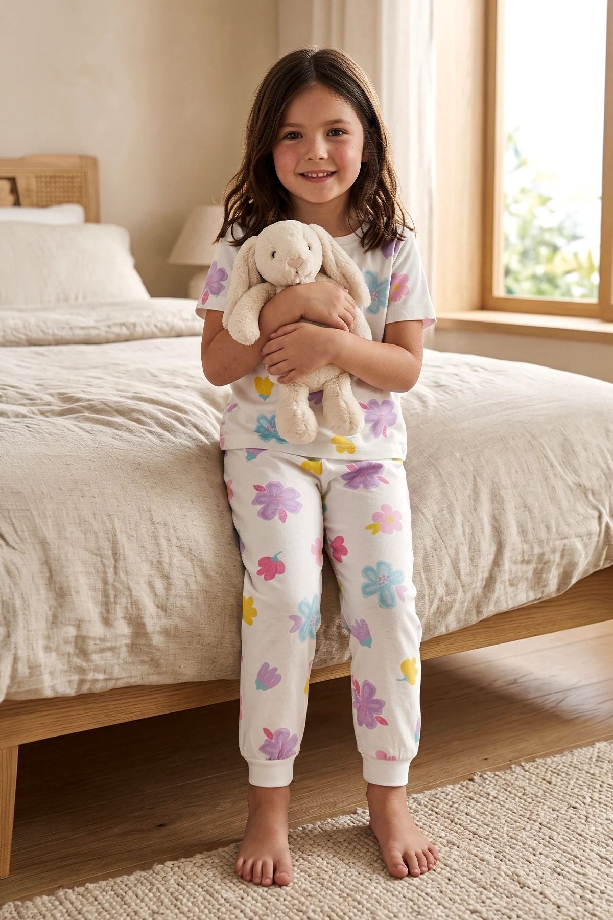 Pastel Renkli Çiçek Desenli Beyaz Kız Çocuk %100 Pamuk Pijama Takımı