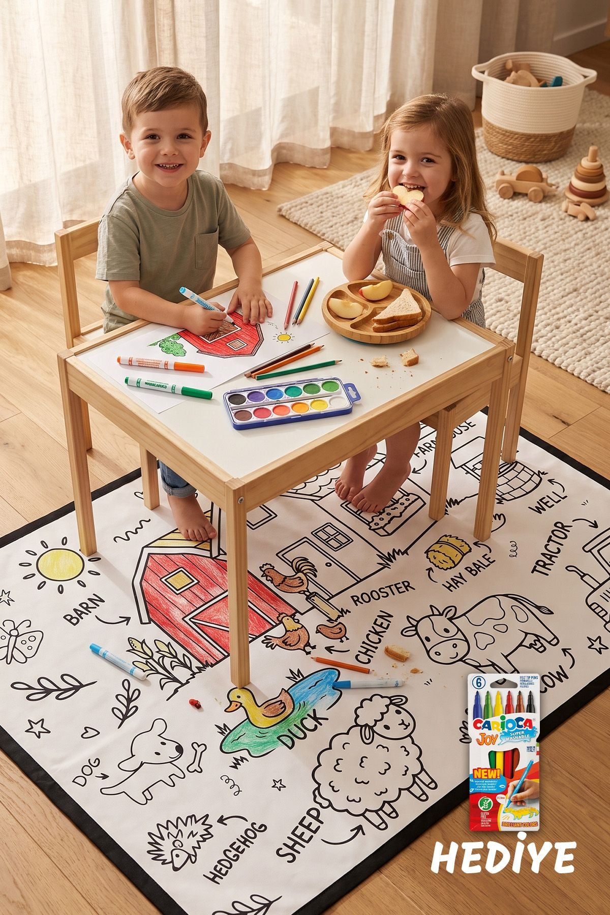 Çiftlik Temalı 70x100 CM Boyutlu boyanabilir Çok Amaçlı Örtü Oyun Halısı - Yıkanabilir Boya Hediyeli