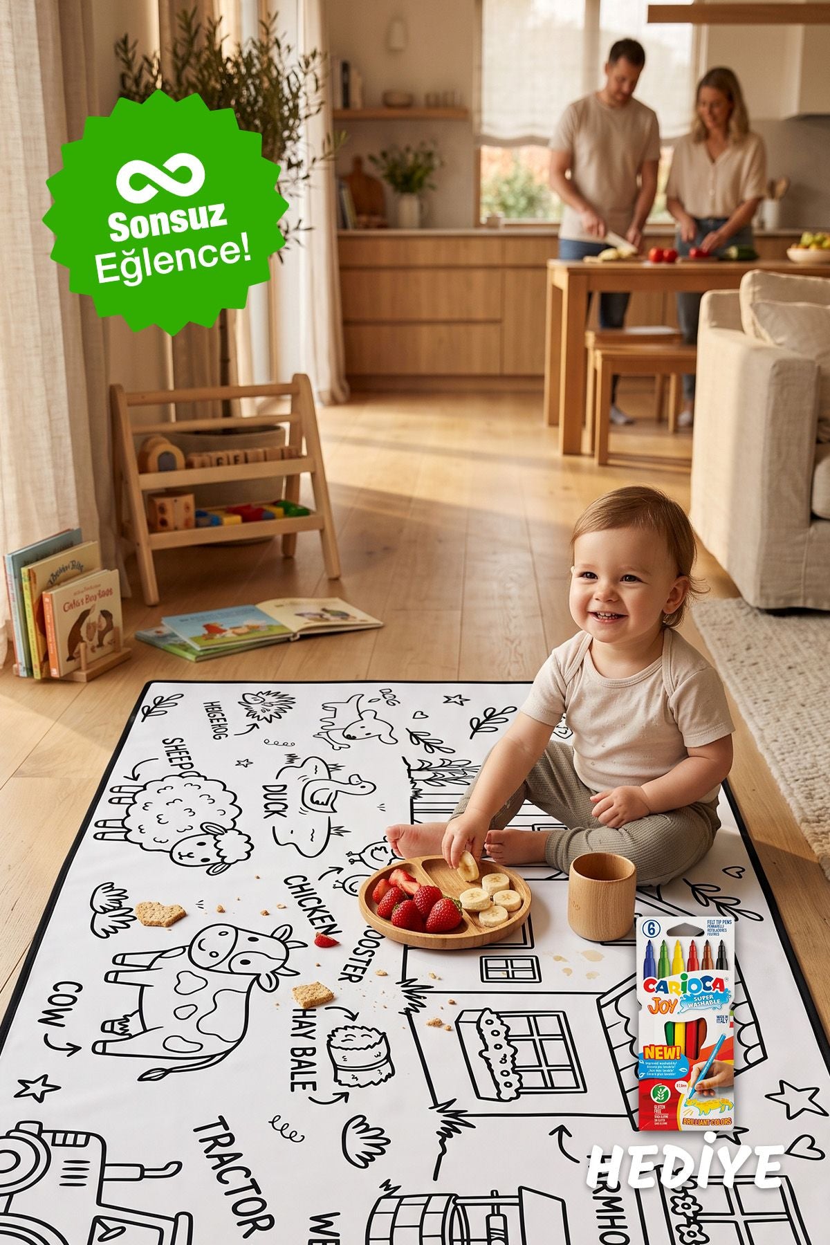 Çiftlik Temalı 70x100 CM Boyutlu boyanabilir Çok Amaçlı Örtü Oyun Halısı - Yıkanabilir Boya Hediyeli