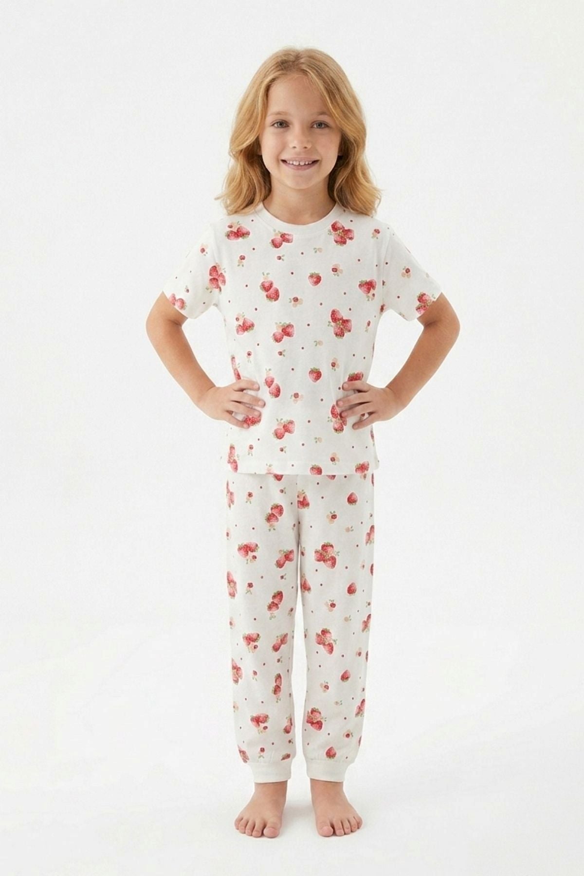 Çilek Desenli Kısa Kollu %100 Pamuk Kız Çocuk Pijama Takımı