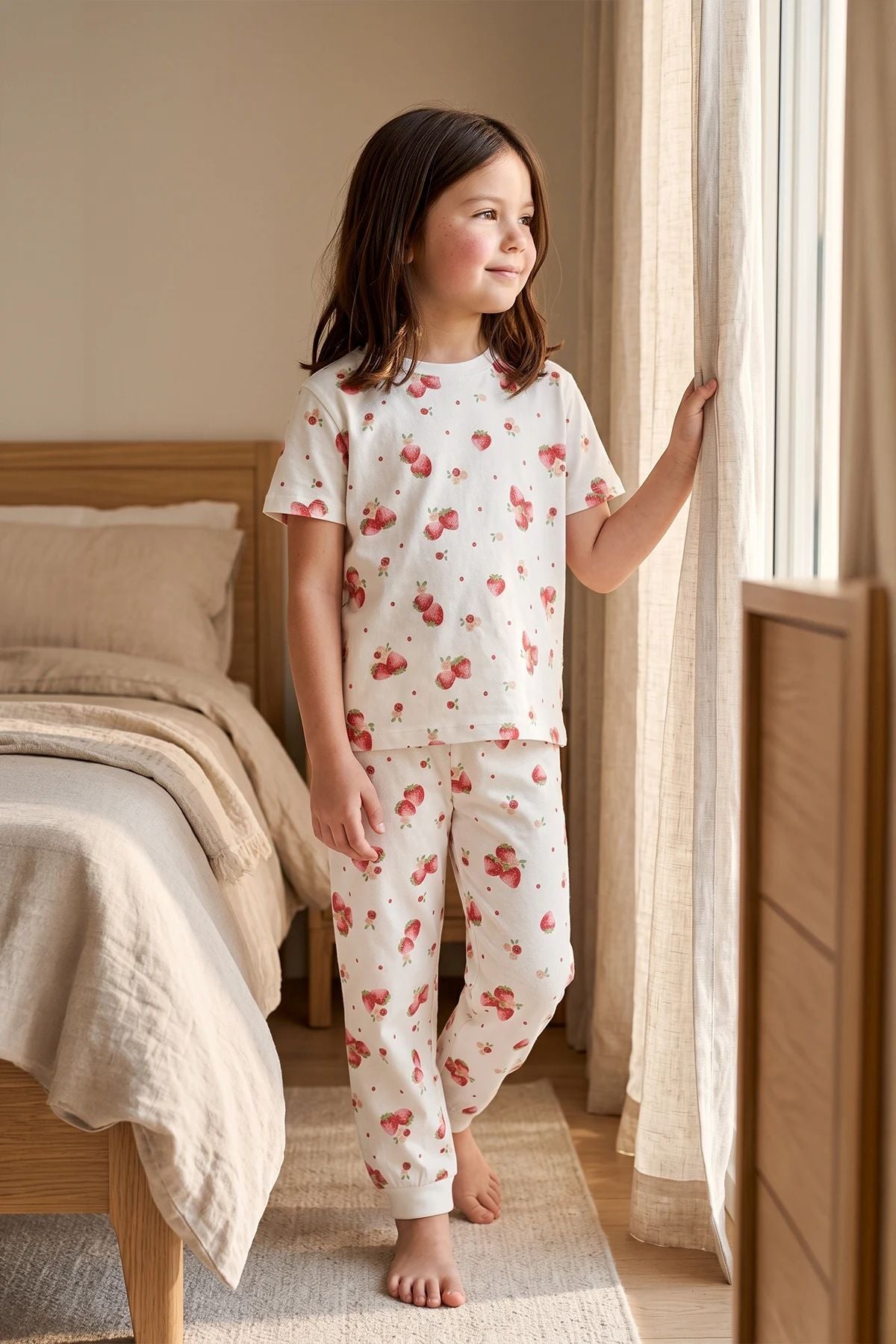 Çilek Desenli Kısa Kollu %100 Pamuk Kız Çocuk Pijama Takımı
