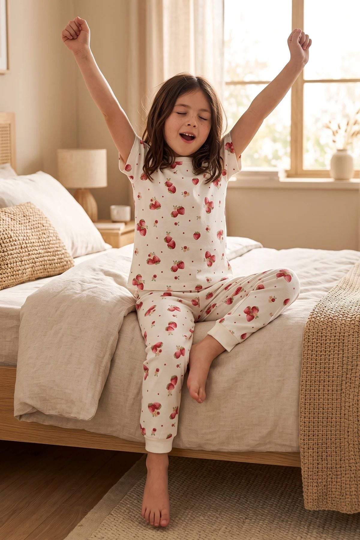 Çilek Desenli Kısa Kollu %100 Pamuk Kız Çocuk Pijama Takımı
