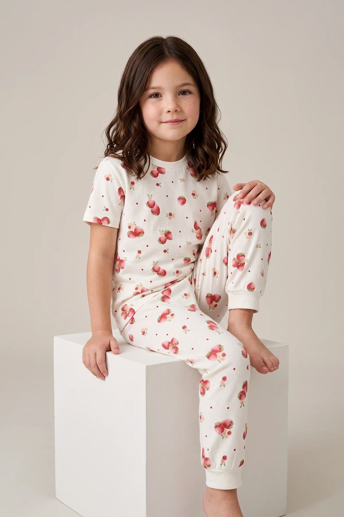 Çilek Desenli Kısa Kollu %100 Pamuk Kız Çocuk Pijama Takımı