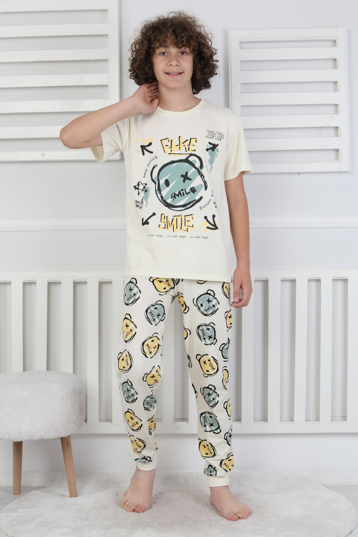 Çizgi Ayı Desenli Erkek Çocuk Pijama Takımı