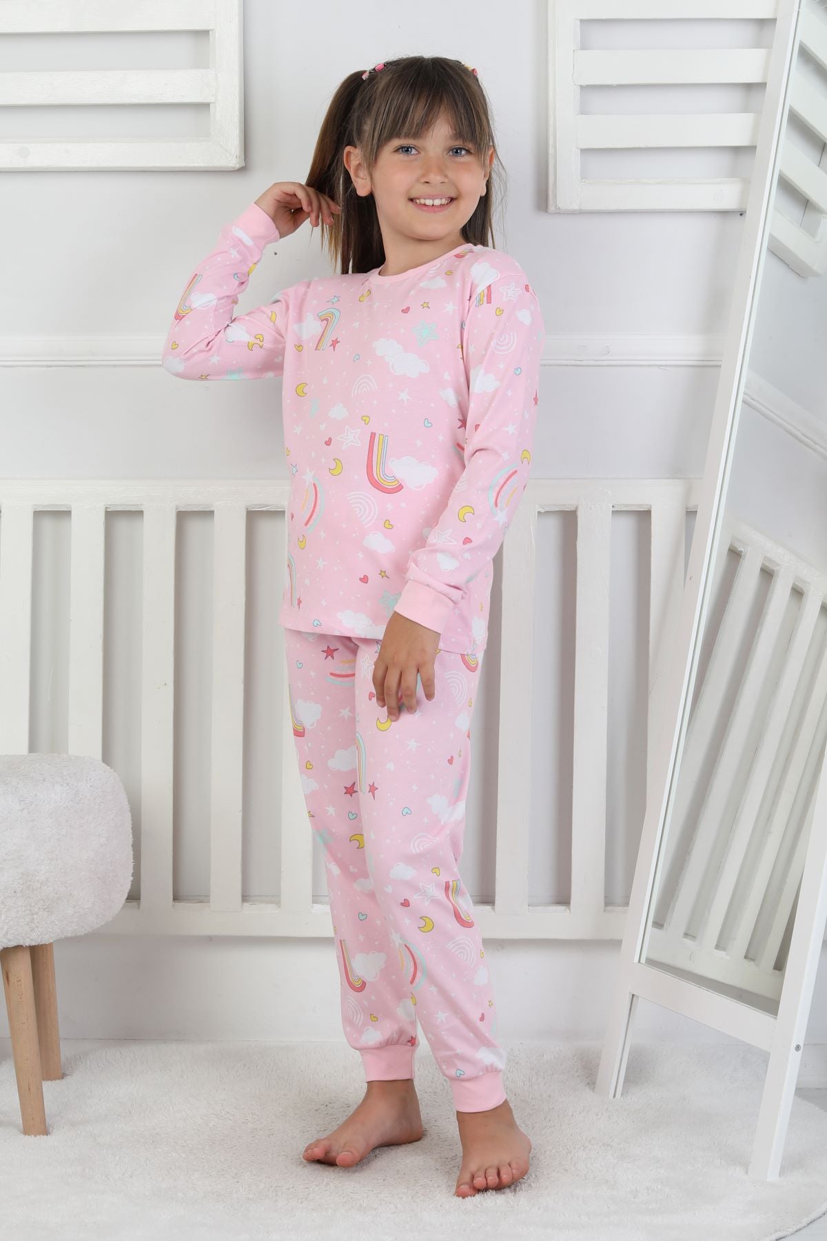 Cute Dreams Pattern Uzun Kollu Kız Çocuk Pijama Takımı